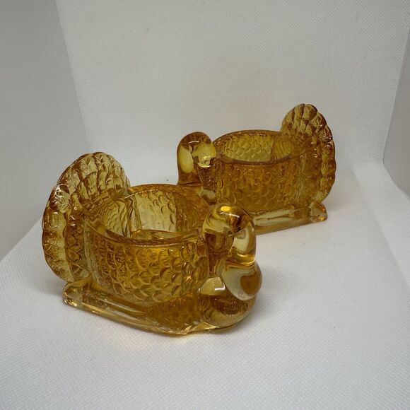 Set of 2 Heavy AmberGlass TURKEY Tealight Votive Candle Holders Fall - Picture 1 of 4